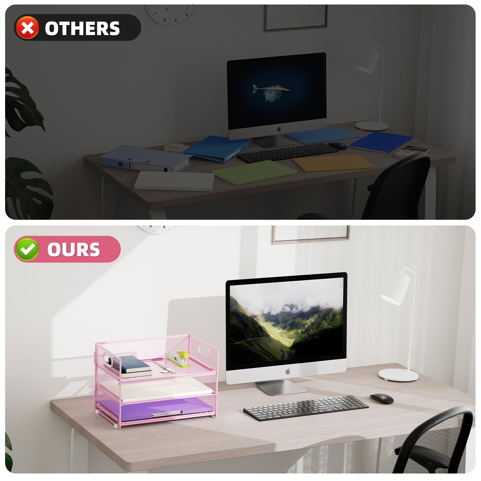 Marbrasse Organizer Scrivania, Scrivania a Rete Vassoio Portacarte 3 Scomparti con Maniglia Organizzatore,Organizer per File A4,Portapenne per Casa Ufficio(Rosa)