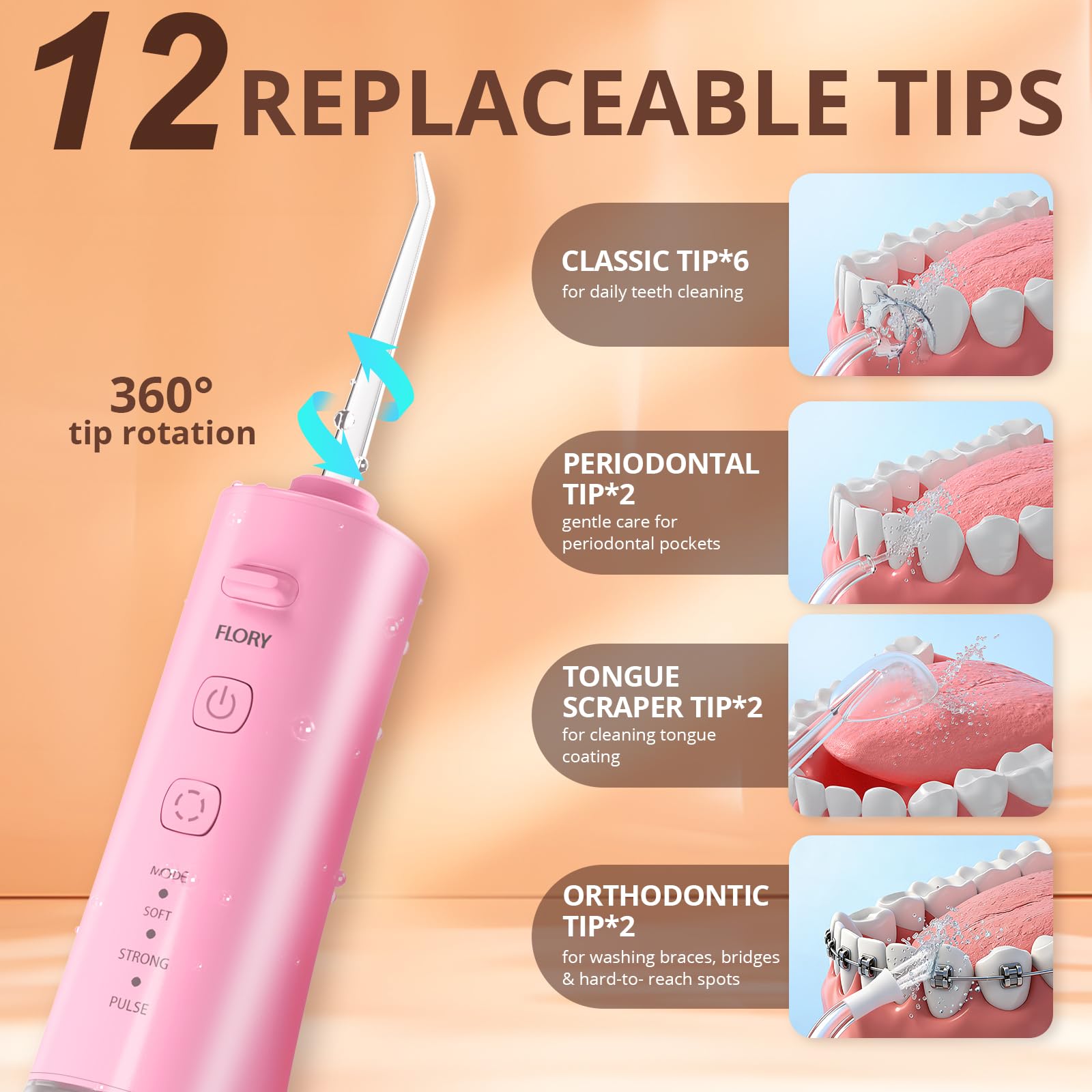 Paquete de 2 irrigadores dentales para dientes, portátil, inalámbrico, para parejas, hilo dental de viaje con 3 modos y 12 puntas, recargable e impermeable IPX7, limpiador dental portátil de viaje