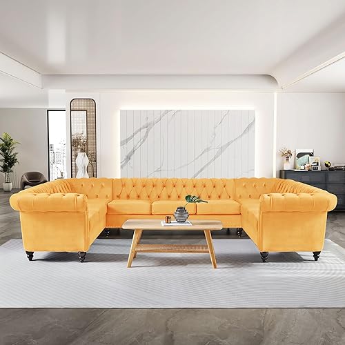 QHITTY U-Shaped Sofa, Sectional Chesterfield Velvet Couch 9-Seater Upholstered Large Accent Tufted Sofa with Rolled Armrest and Nailhead Design for Living Room, Apartment, Office ((Mango)