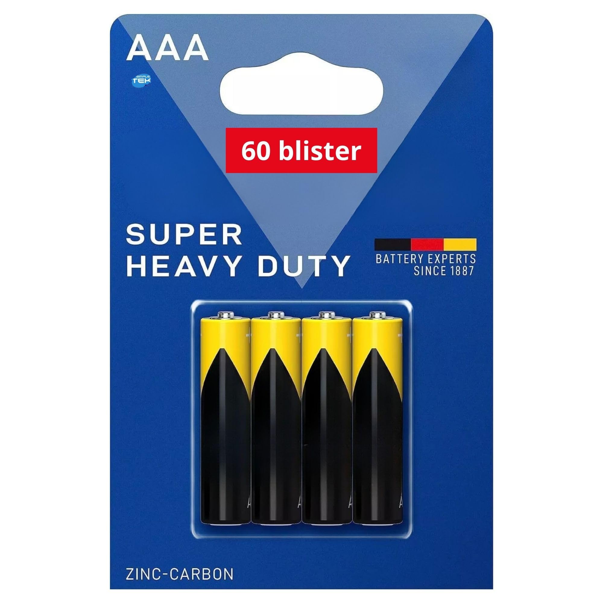 SIMPLETEK - 60 Blister con 4 Batterie Mini Stilo AAA | IEC R03, Zinco-Carbone, 1.5V | 10.5x44.5 mm (240 pezzi totali)