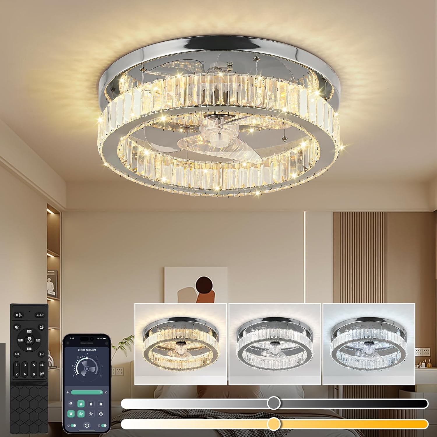 Ceiling Fans with Lights and Remote,18" Smart Low Profile Flush Mount Ceiling Fan,Dimmable LED Fandeliers,Chrome Bladeless Crystal Chandelier Ceiling Fan for Bedroom Kitchen Dining Room