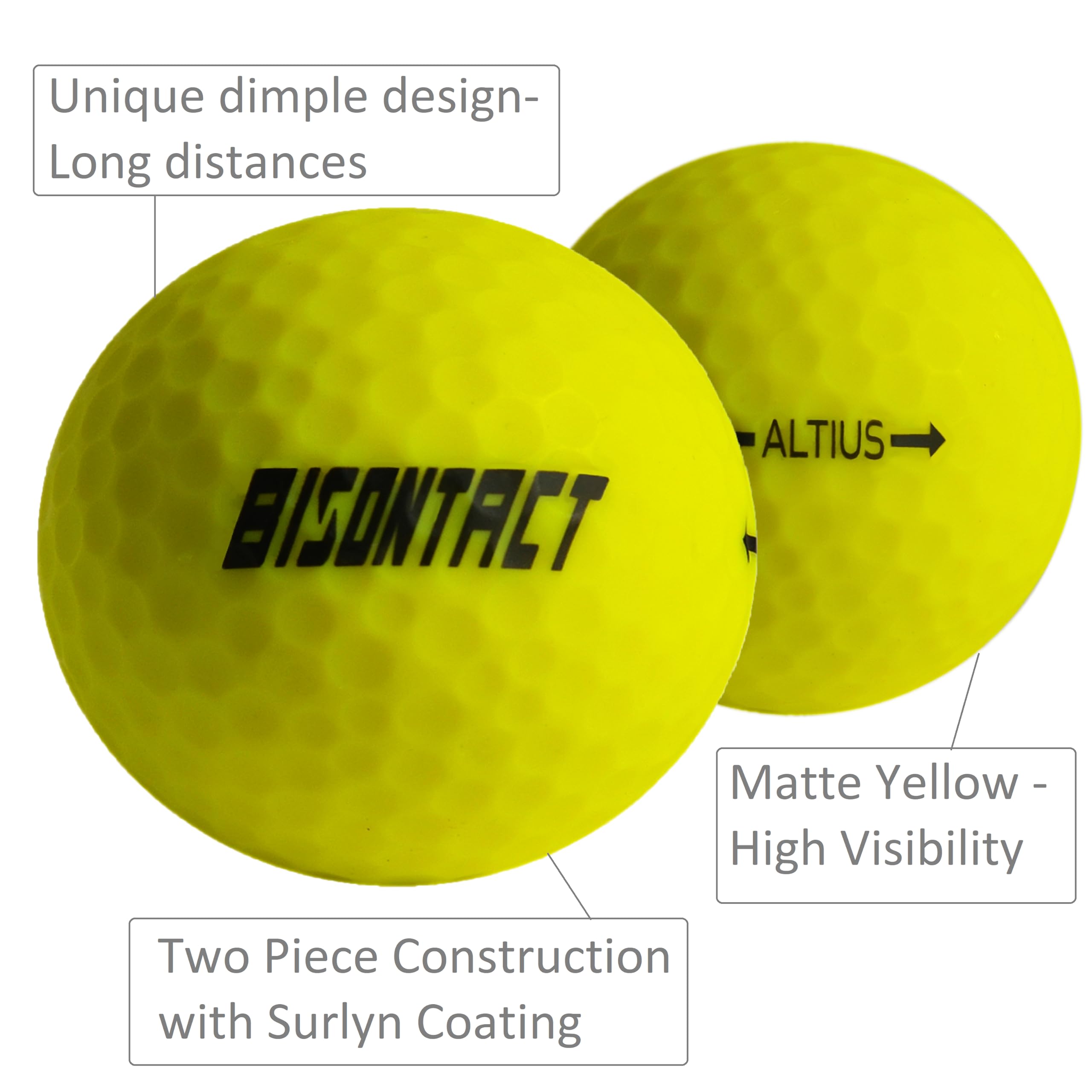 Bisontact ALTIUS Y Yellow Golf Balls (12-Pack) – High-Visibility Matte Finish, 408-Dimple Design, Surlyn Cover – Ideal for Driving, Tournament & Recreational Play
