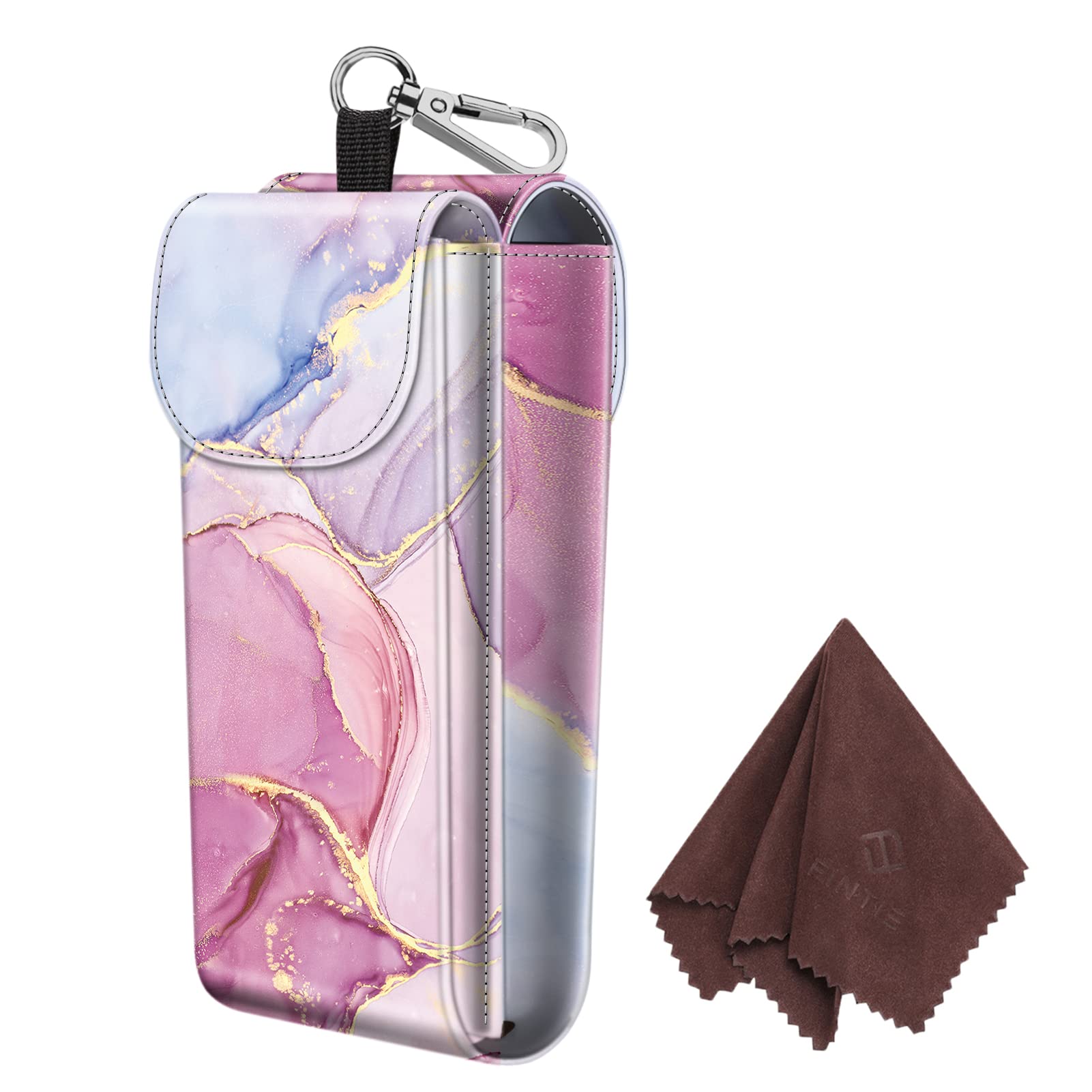 FINTIE 2 in 1 Glasses Case with Carabiner, Portable Vegan Leather Glasses Case, Anti-Scratch Sunglasses Case, Sparkling Marble, L