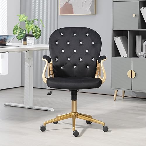 Miniatura 4 de Silla de escritorio de oficina de terciopelo cómoda con base dorada, cómodas sillas de maquillaje para tocador con respaldo y ruedas, sillón
