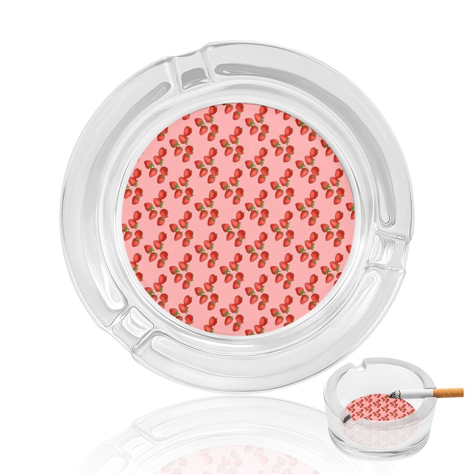 Strawberry Glass Ashtray 3.3 Inch Round Cigarette Ash Holder with 4 Grooves for Home Office Outdoor One Size