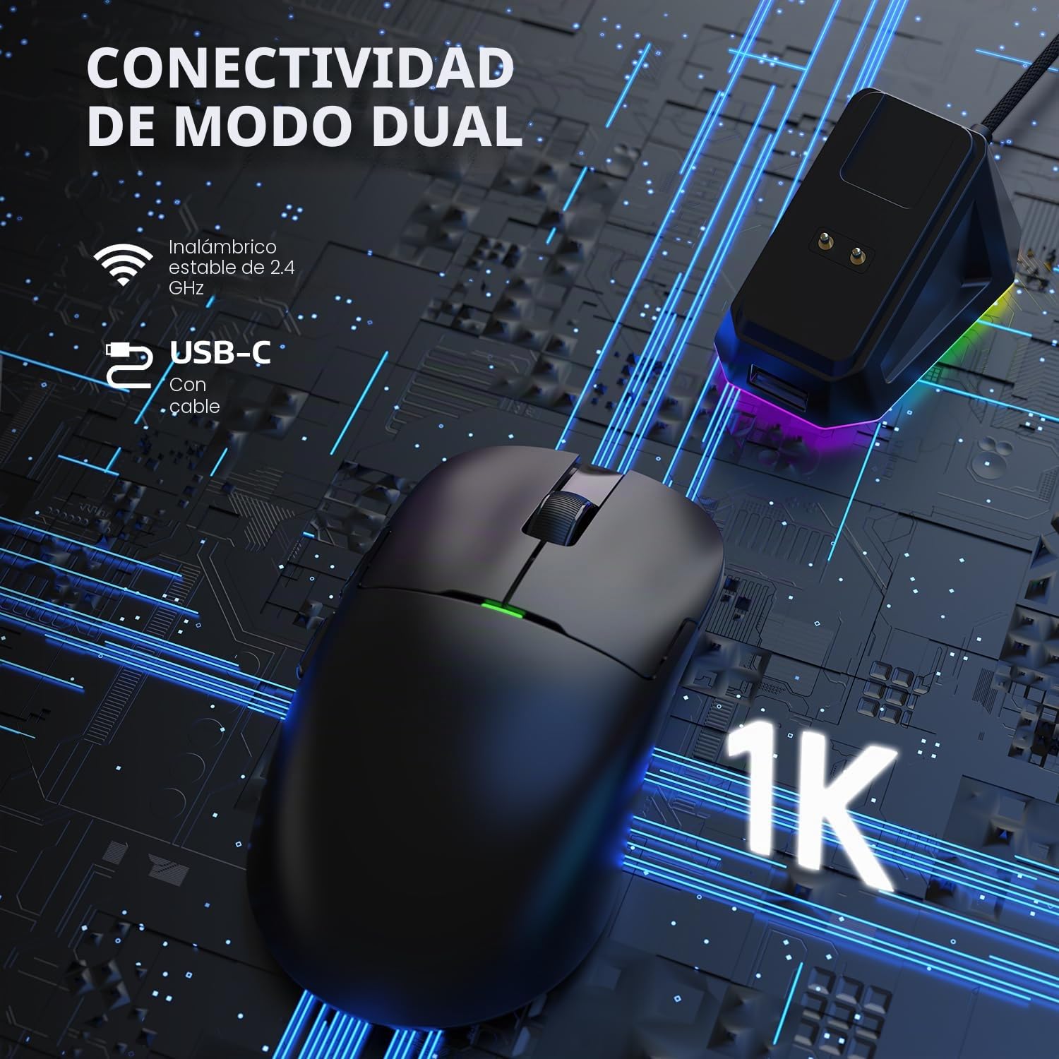 AJAZZ AJ159P Superlight Ratón de Juego Inalámbrico con Muelle de Carga Magnética, Ultra Luz 56G, Pixart Paw3395 Sensor, 26000 DPI, 2.4GHz/USB-C Cableado, 6 Botones Programables, para PC/Mac (Negro)