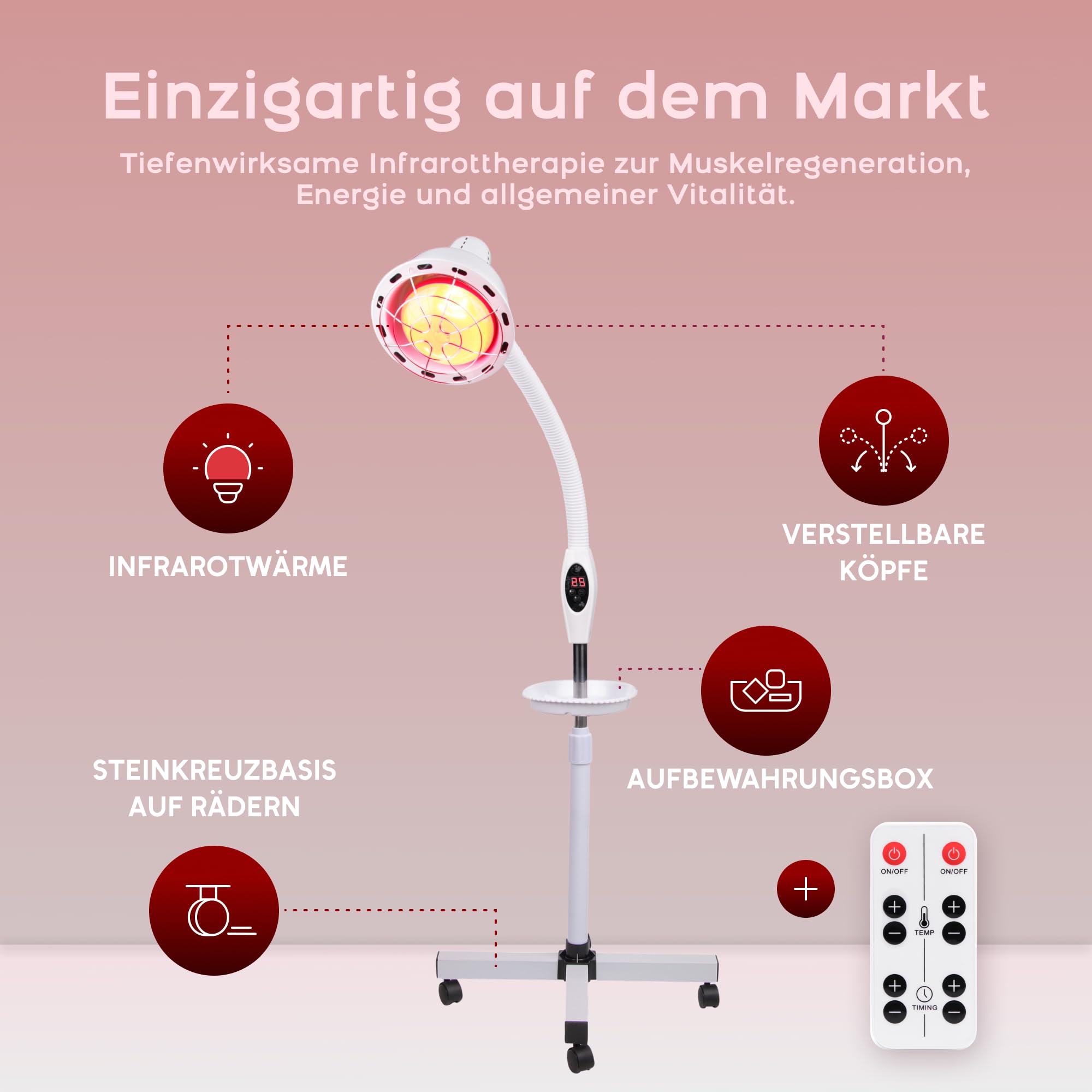 Infrarotlampe 300W – höhenverstellbar – mit Timer – Rotlichtlampe für Zuhause – Wellness & Hautpflege – Collagen Licht – Wärmelampe