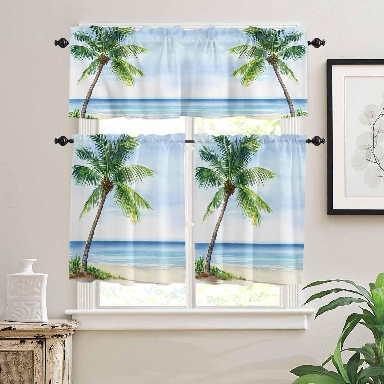 Green Palm Trees Kitchen Curtains 24 Inch Length, 3 Piece Rod Pocket Small Half Tiers and Valance Set, Coastal Summer Blue Sky Natural Small Large Window Treatment Decor for Bedroom/Bathroom Sink