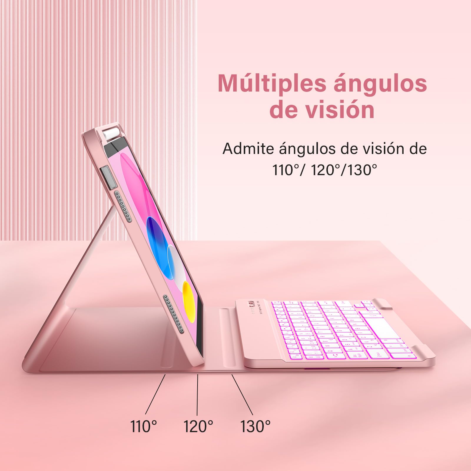 KBCASE Teclado for iPad A16 11.ª Generación 2025/10.ª Generación 2022 (10.9/11 Pulgada), Retroiluminado de 7 Colores Bluetooth Magnéticamente Teclado para iPad 11/10 Gen, Español Ñ, Rose
