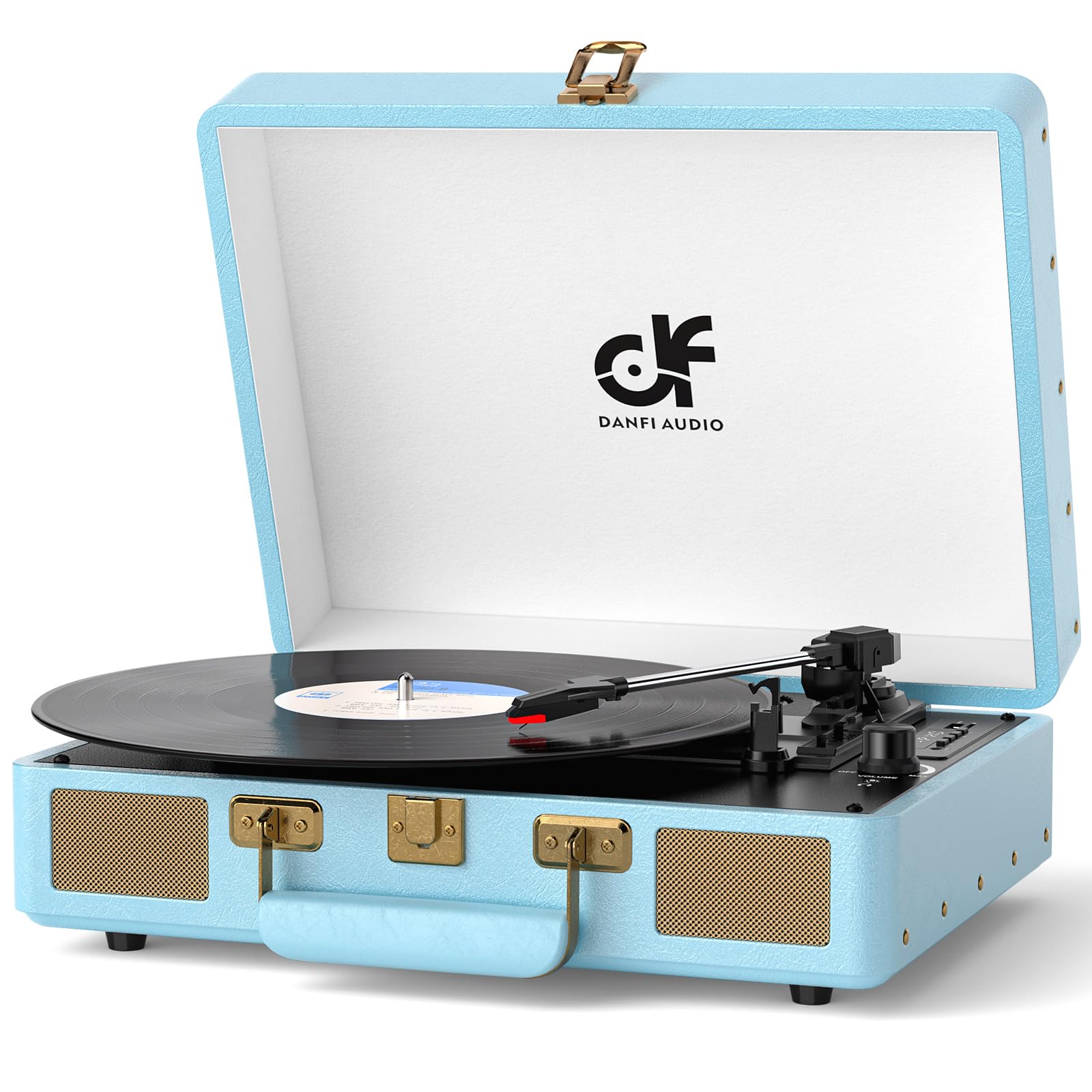 Blue Portable Suitcase Vinyl Record Player Bluetooth with Built-in Speakers, Vintage 3-Speed LP Turntable Player Support Auto-Stop, RCA/AUX/Headphone