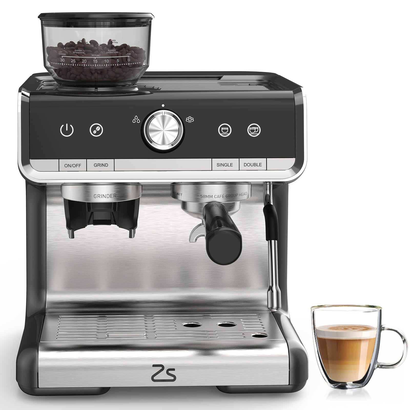 Espresso Machine with Built-In Grinder and Milk Frother - 20 Bar Professional Espresso Maker for Crafting Lattes, Cappuccinos, and Macchiatos, Removable 95oz Water Tank, 1450W