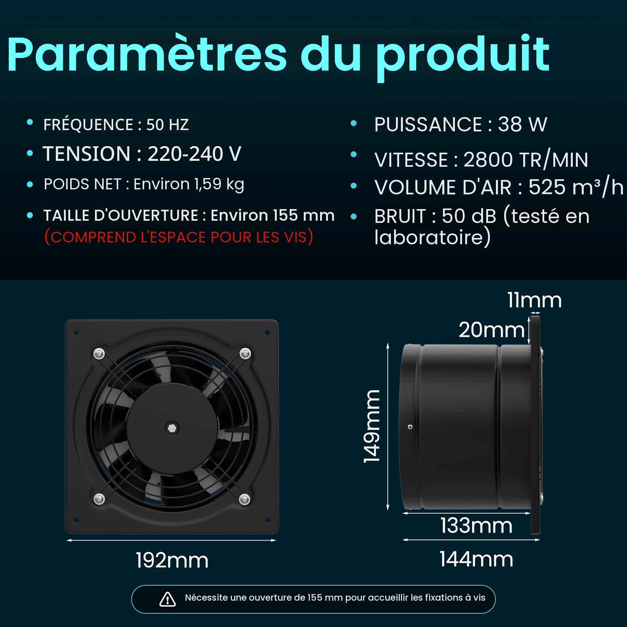 HG Power Extracteur d'air 150mm - Salle de Bain Silencieux avec Clapet antiretour, Régulateur de vitesse, Prise, Ventilation industriel pour Cuisine Garage Sous-sol Bureau, A-Noir