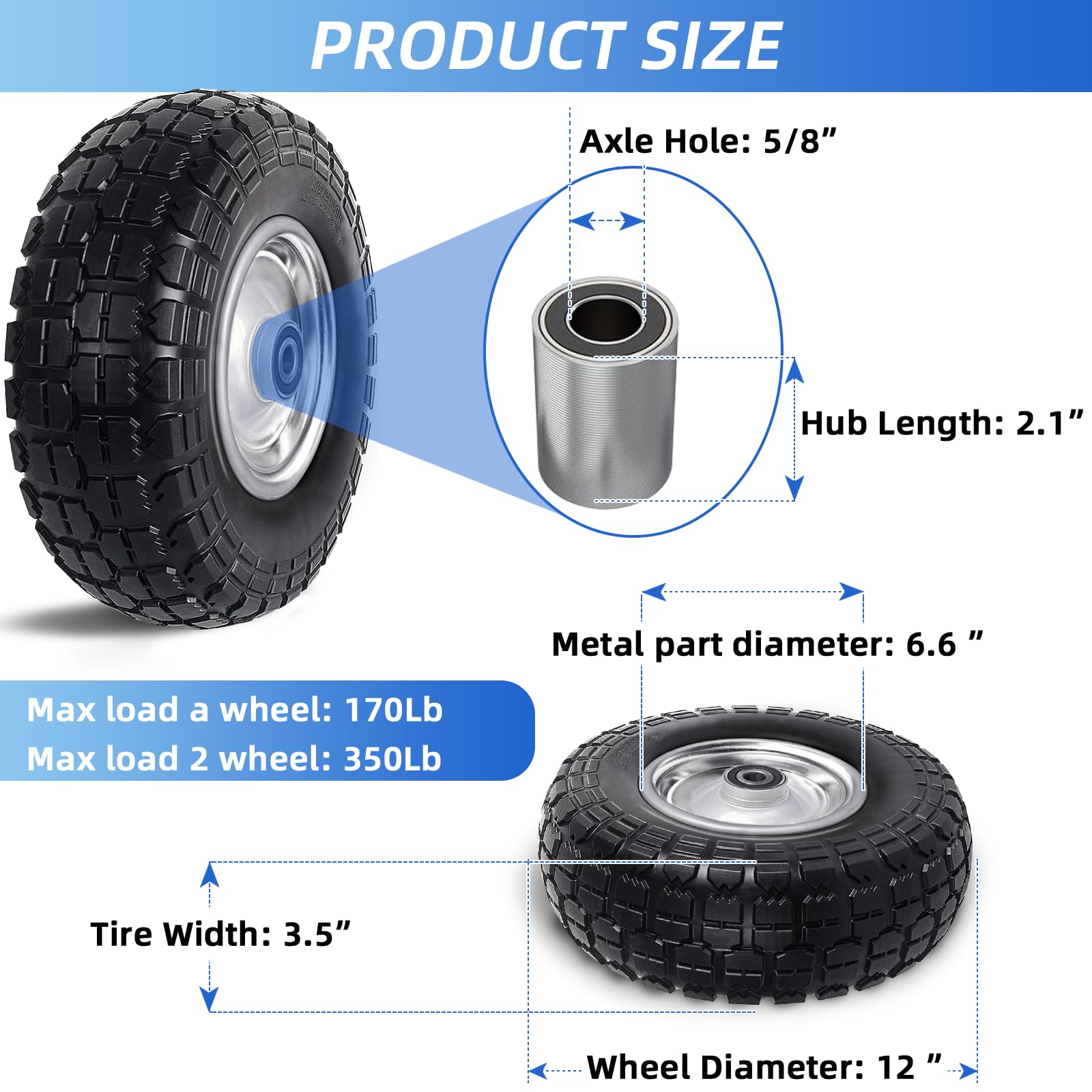 12'' Flat Free Tires Rubber Replacement Solid Tire and Wheel Assemblies for Hand Trucks Garden Cart Wheelbarrow - 3.5”Wide Polyurethane Tires 2.1 Hub with 5/8 Inch Axle Borehole Silver — Amazon image 2