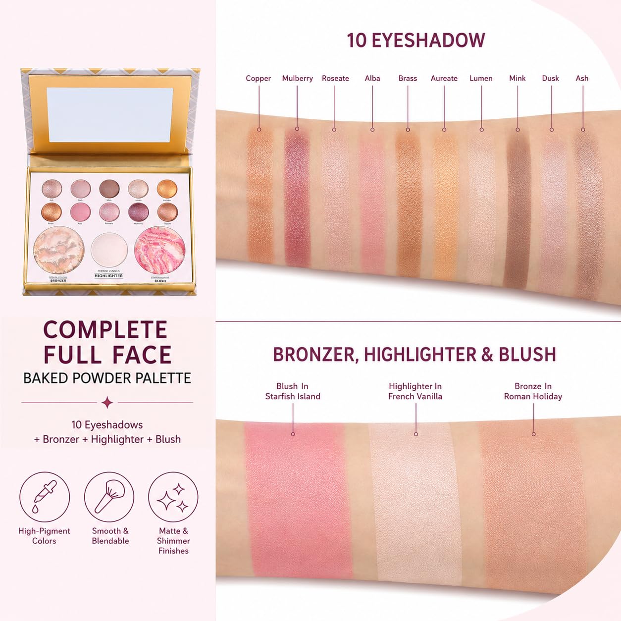 Baked Makeup Palette, Include Bronzer, Blush, Highlighter and 10 Eyeshadows