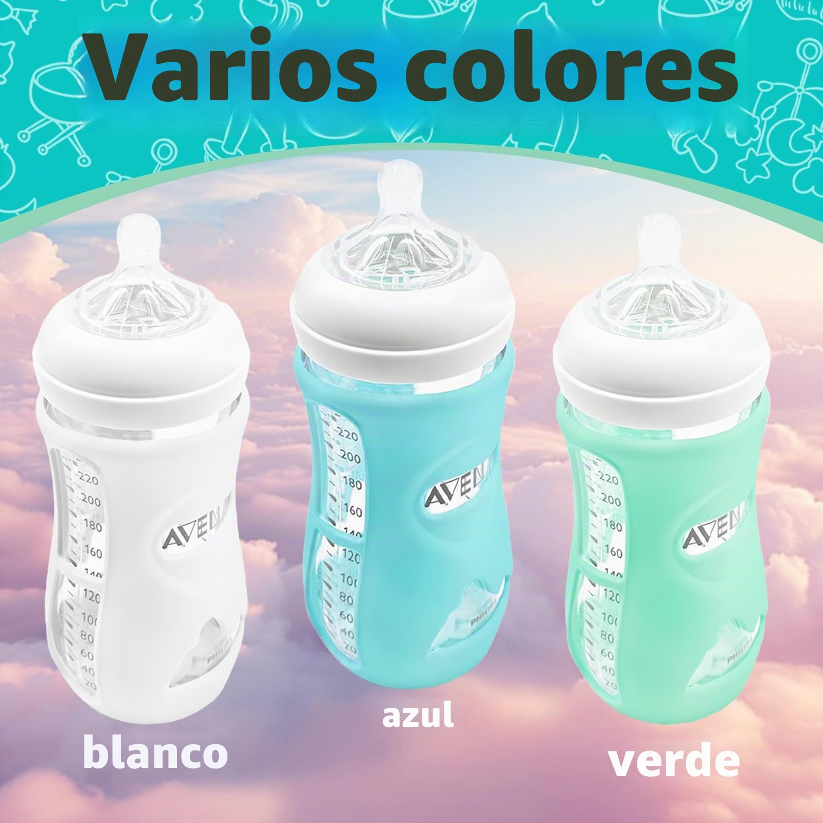 Pack de 3 fundas de silicona para biberones Avent Natural, de cristal, funda protectora para botellas de bebé, portabiberones irrompibles, compatible con biberones de cristal Philips Avent Natural,