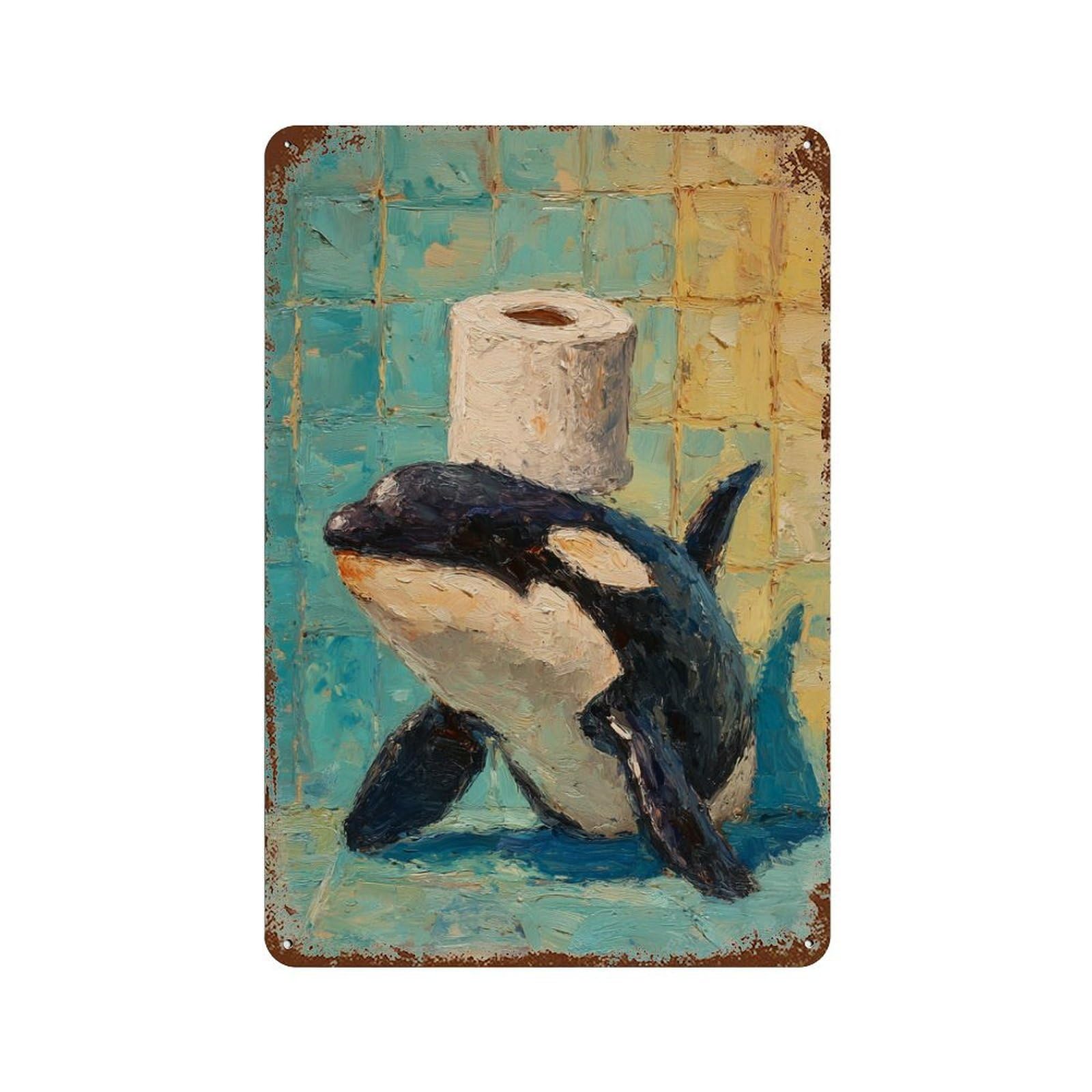 Orca in Bathroom with Toilet Paper Aged Metal Wall Plaque 11.8"x7.9", Industrial Home Decor for Pub, Kitchen And Man Cave Decor