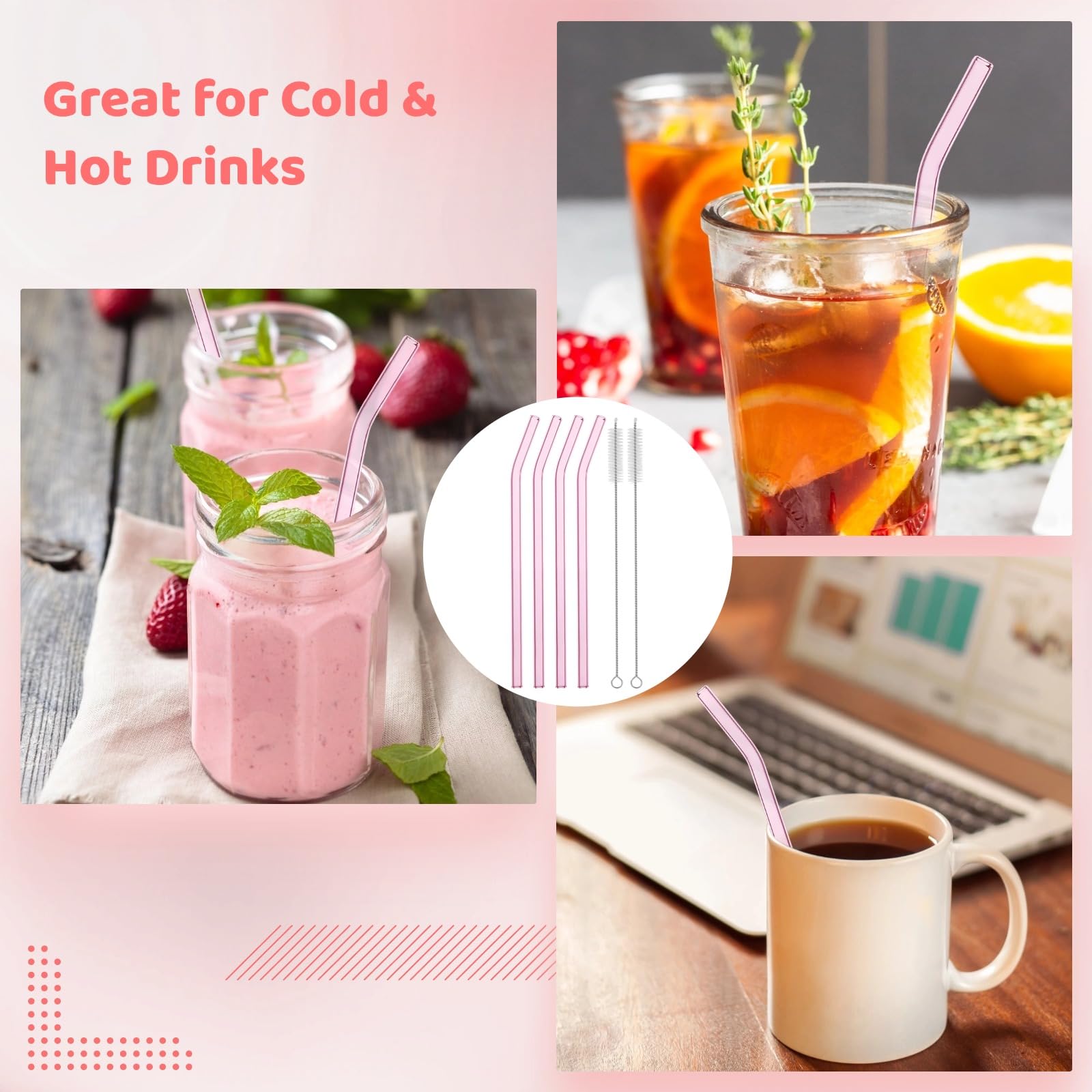 24 Stück Glasstrohhalme, wiederverwendbar, pink, gebogen, aus Borosilikatglas, Trinkhalme für Smoothies, Milchshakes, heiße und kalte Getränke, klare Glasstrohhalme, mit 2 Reinigungsbürsten