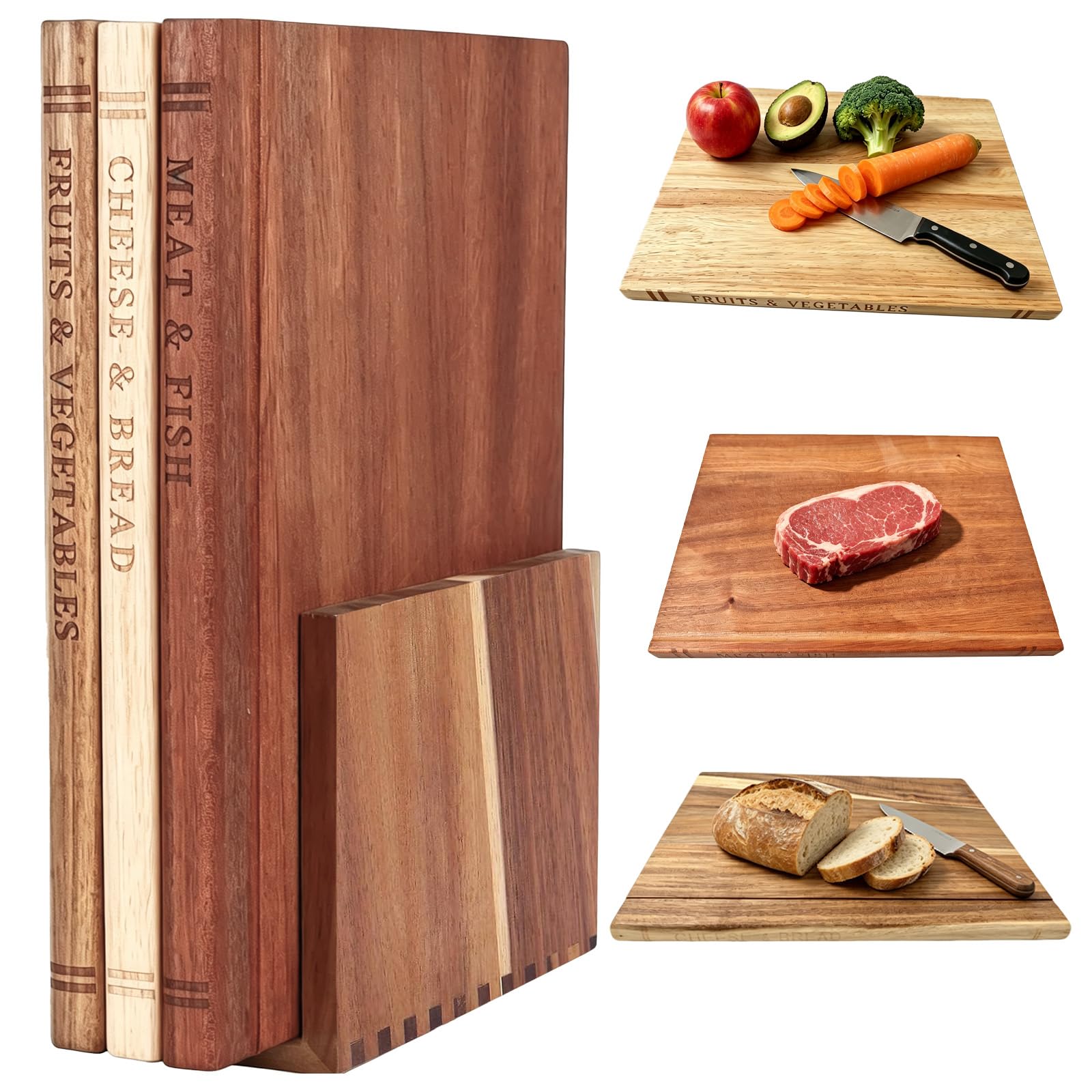 3 Pcs Acacia Wood Book Cutting Boards Set, Decorative Chopping Boards with Stand for Fruits Vegetables Meat Fish Bread, Book Shaped Design Dishwasher Safe for Easy Cleaning Unique Gift for Home Cooks