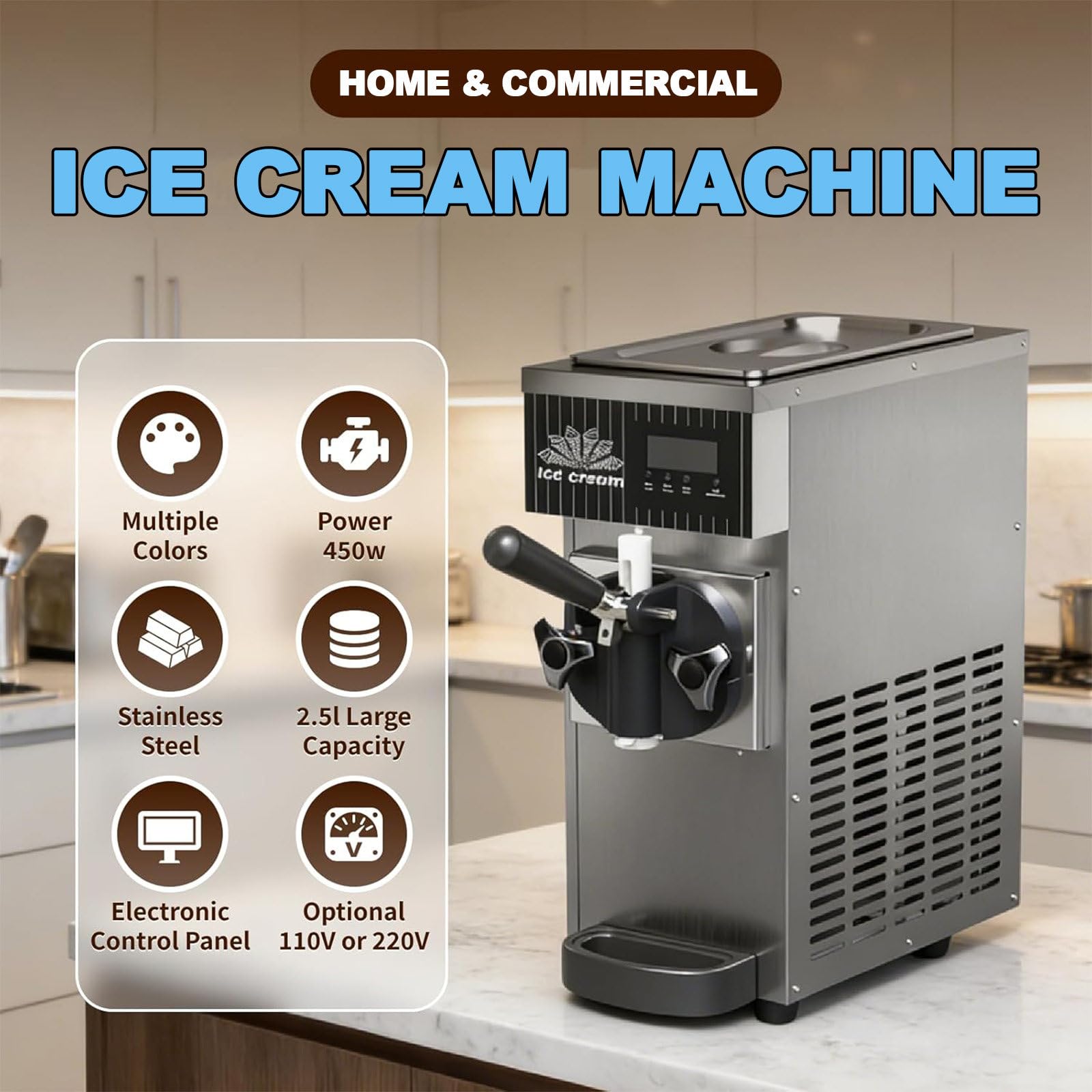 Machine à Glace à L'italienne Compacte De Table, Rendement De 4 à 5 litres par Heure, Portions De 80 G, Idéale pour Les Petites Entreprises Et Les Moments Conviviaux en Famille 110V-Cream