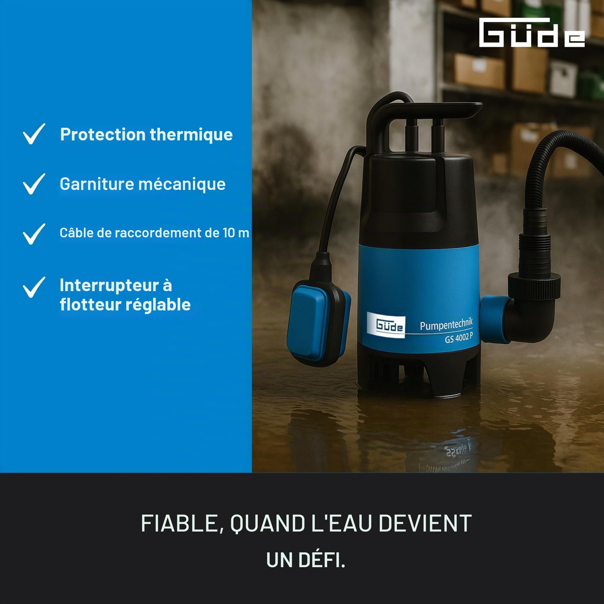 Güde 94630 - GS4002P - Pompe submersible pour eaux usées - Avec interrupteur à flotteur - 400 W - 7500 l/h Hauteur de refoulement maximale : 5 m [Classe énergétique A],Blue/Noir