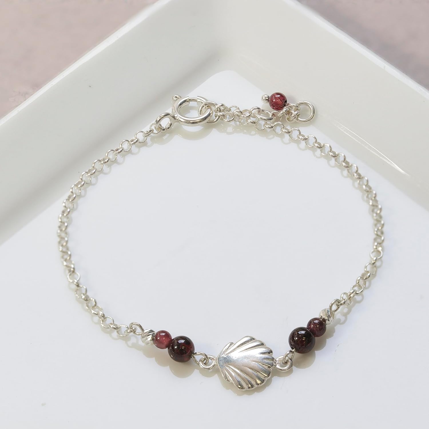 925 Sterling Silver Gemstone Bracelets for Women - 3mm Round Beads with Sea Shell Sterling Silver Charm, Adjustable Chain 16-18cm Length - Silver Bracelets for Women - Perfect Gemstone Jewelry Gift - Image 4