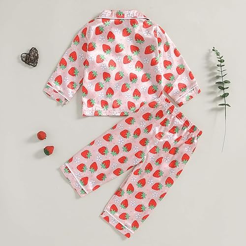 Kids Girls Pajamas Baby Short/Long Sleeve Lapel Button Down Tops Pants Satin Sleepwear Silk Fall Spring Loungewear (Y Strawberry Pink, 2-3 Years)