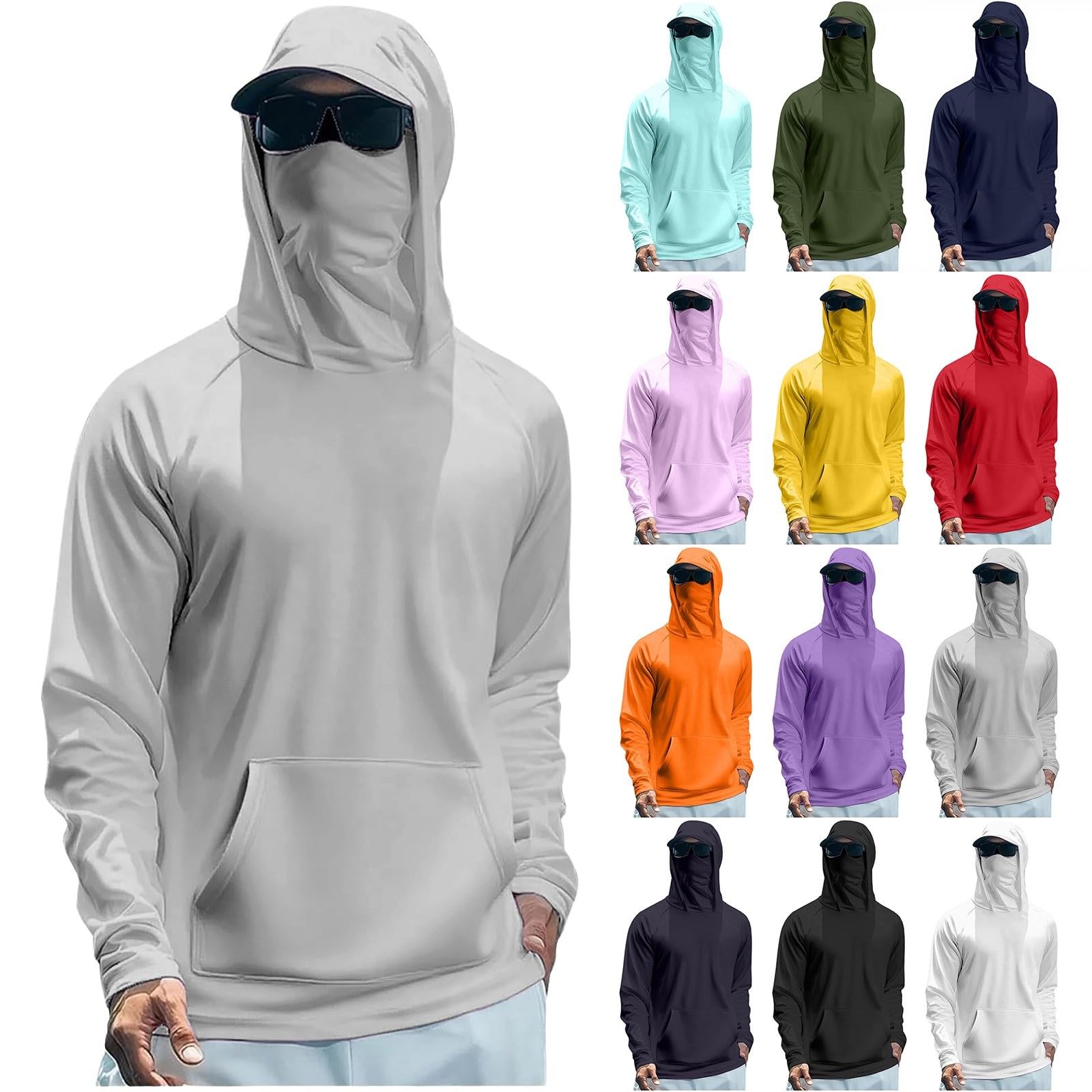 Men's Sun Protection Hoodie with Face Mask Quick Dry Fishing Shirt Lightweight UPF 50+ UV Hoodie Long Sleeve Rash Vest for Hiking Running Outdoor, Light Ashy, M