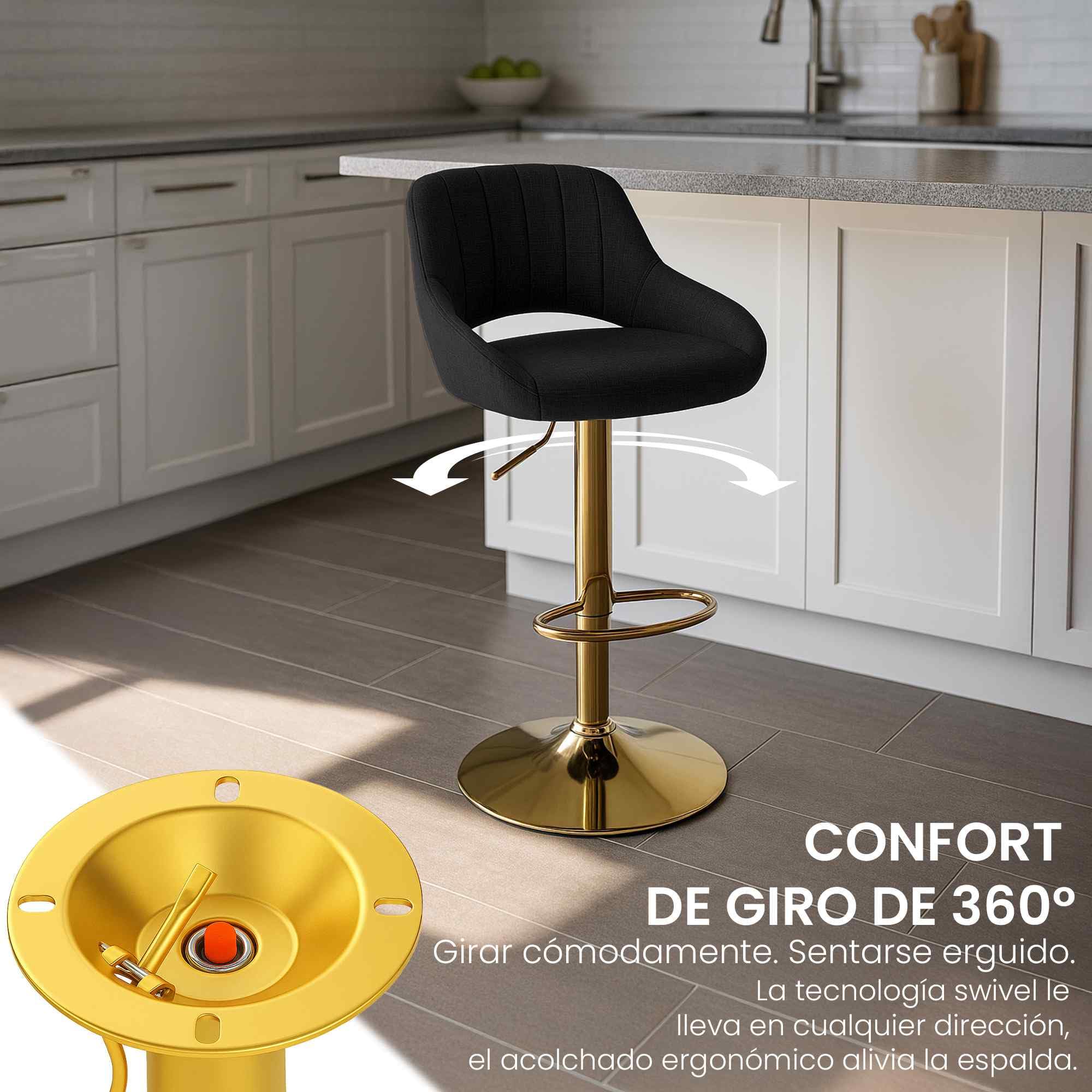 CLP Juego de 2 taburetes de Bar Milet Ajustables en Altura con Respaldo, Asientos Acolchados con tapizado de Tela, | Color Negro Material del Soporte Oro metálico