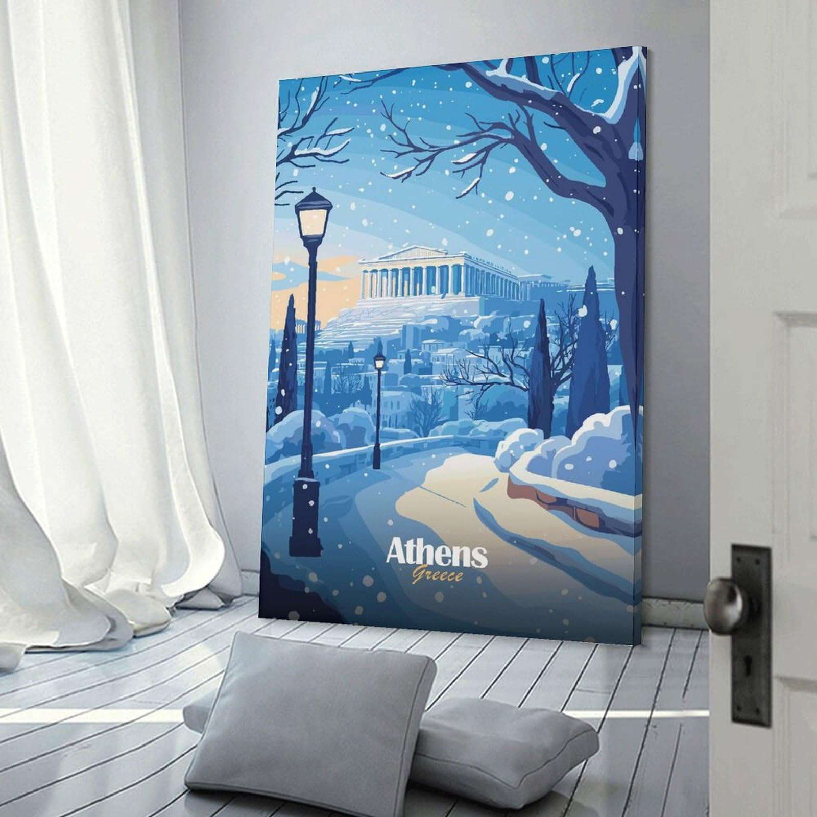Junmoney Wall Decor Canvas Print Snowy Athens, 20x30inch(50x75cm), for Front Hall, Corridor Or Welcome Spaces, A Neat Decor Update for Hallways