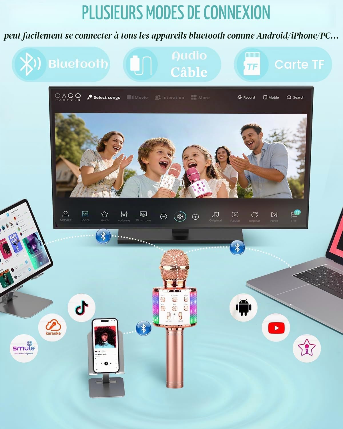 Microphone de Karphone Bluetooth Sans Fil Avec Des Lumières LED Portables Chant de la Machine de Haut-Parleur Karaoké Toys Pour Enfants Adultes (Bleu+Champagne, 10 Housses de Microphone Jetables)