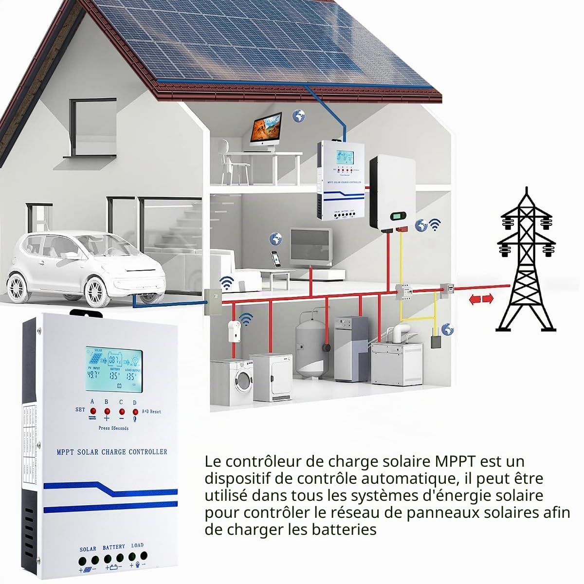 Y&H MPPT 60A Solar Charger Controller 12 V 24 V 36 V 48 V Auto Battery Charger Solar Panel Regulator Max PV Entrée 160 VDC avec écran LCD Travailler avec AGM, gel, flooded et lithium