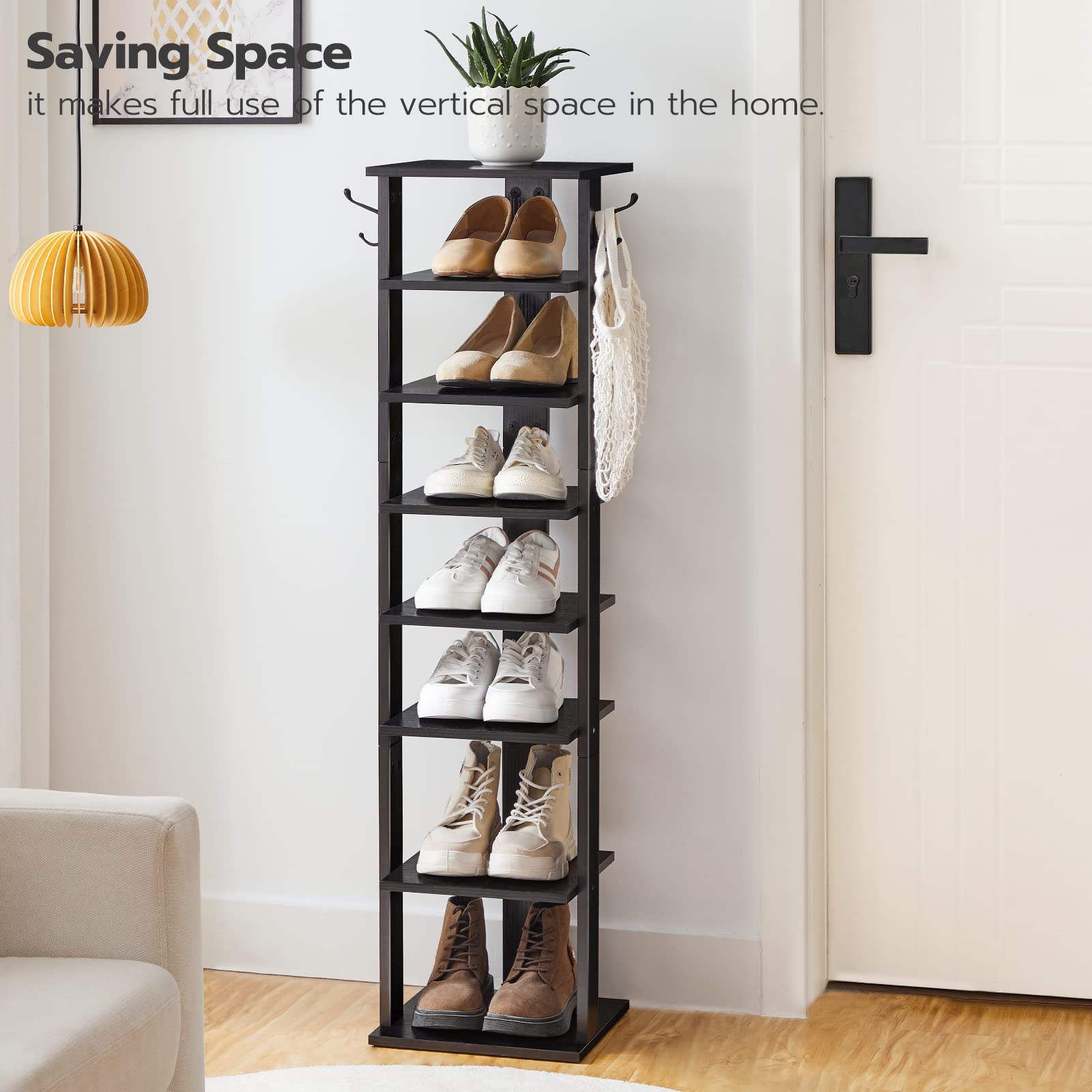 HOOBRO Vertical Shoe Rack, 8 Tier Shoe Storage Organizer with Hooks, Narrow Shoe Rack for 8 Pairs, Space Saving, Stable and Strong, for Entryway, Living Room, Bedroom, Black BK07XJ01G1