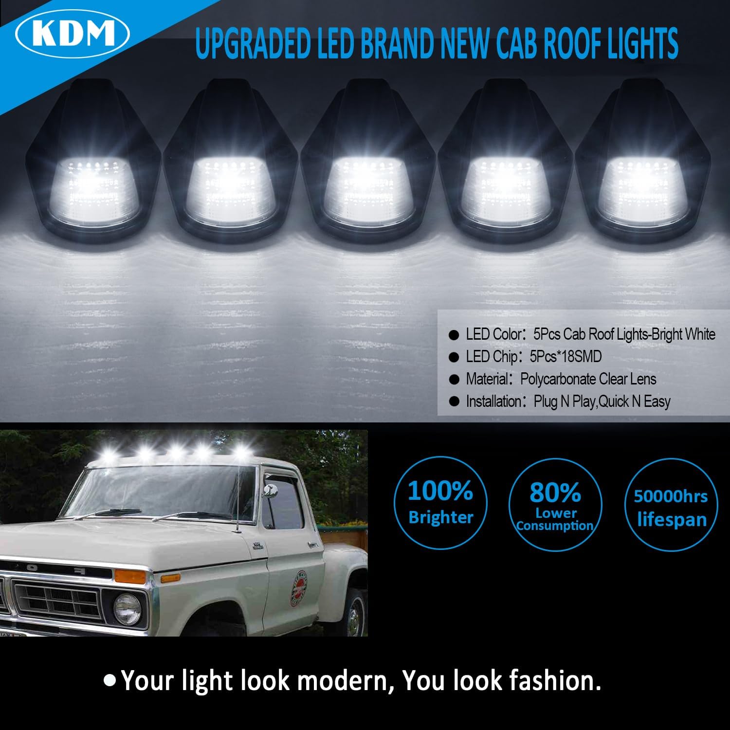 KDM Smoked Lens Led Cab Roof Top Marker Lights assembly Fit for 1973-1997 Ford F150 F250 F350 F450 Super Duty,Mounted Running Clearance Bright White,5Pcs Pack