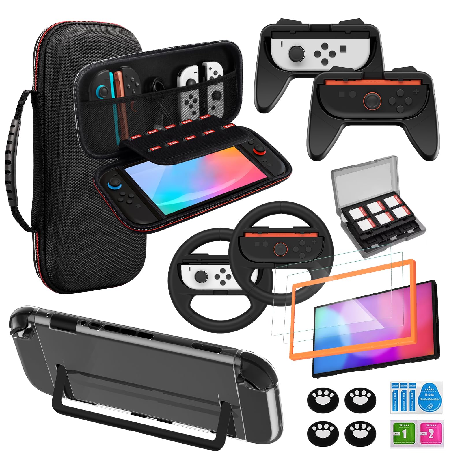 16 in 1 Accessories Bundle for Switch 2 with Screen Protector Case Black | Carrying Case Steering Wheel Grip for Joycon Controller Dockable Console Protective Cover Shell 24 Game Card Storage