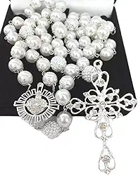 Terço De Noiva Banho Prata Perolas Brancas Sagrado Coração