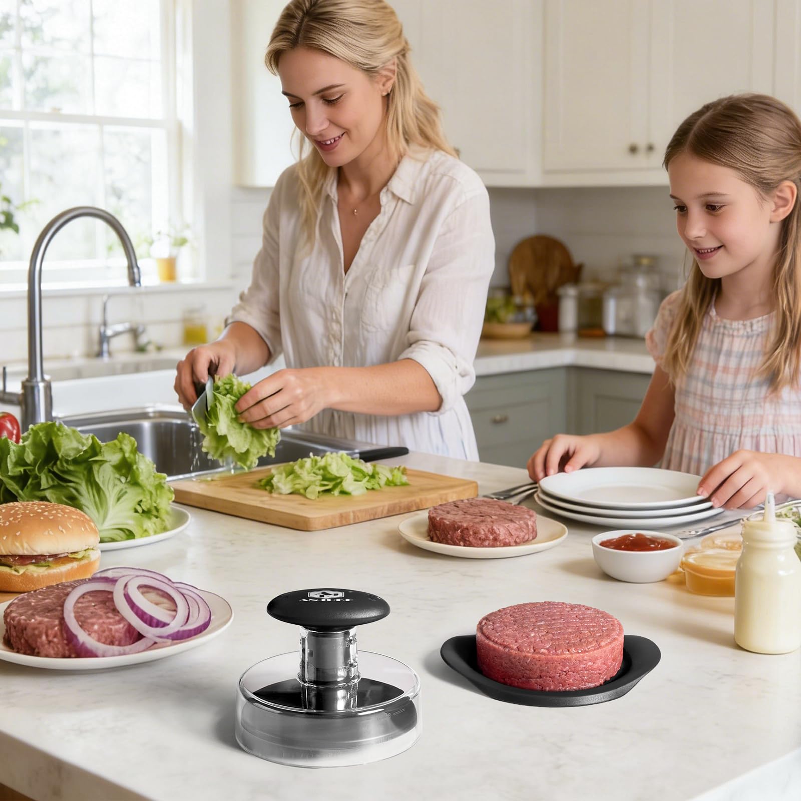 ANJUKE Burger Press, 6.4 inch Round Burger Smasher, 2 in 1 Non-Stick Burger Press Patty Maker for Making 1/2 lb and 1/4 lb BBQ Baking Stuffed Burgers Beef Burger(Black) — view 2