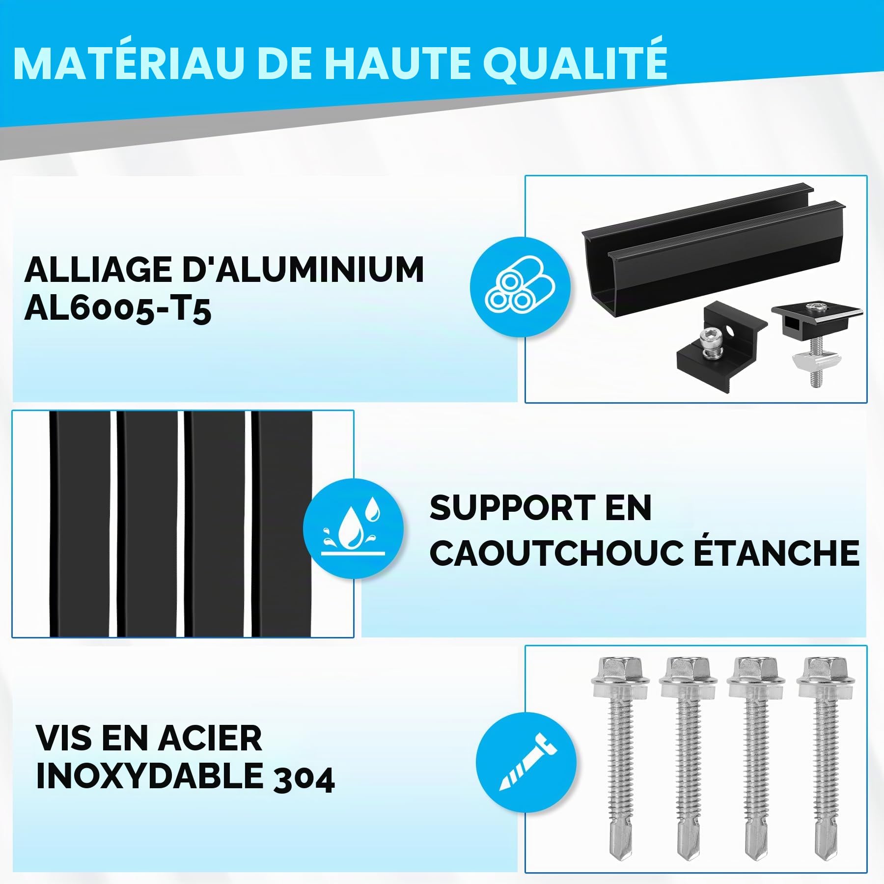 Kit de Montage PV pour 4 Module,Support de Panneau Solaire, Rail Noir de 12 CM,Clips de Drainage d'eau 30 MM, Pince Réglable pour Modules de 30 à 35 mm d'épaisseur- Pour toit plat,trapézoïdal