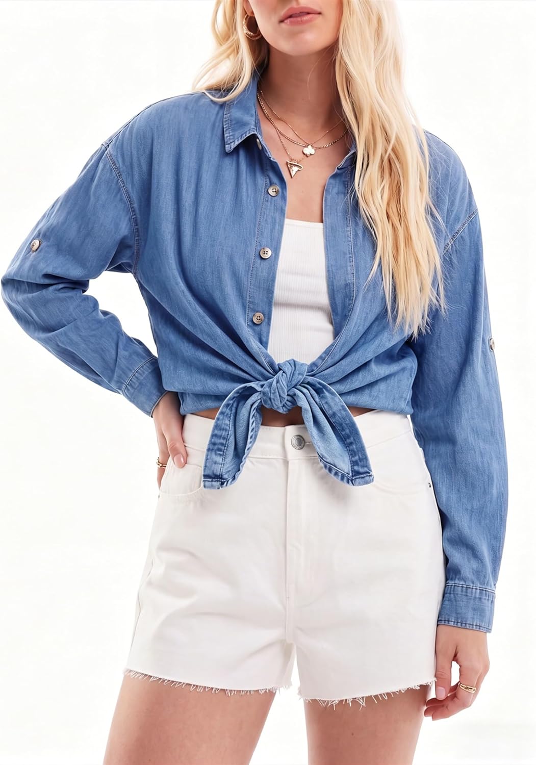 EMMIOL Denim Shirt Women Button Down Long Sleeve Denim Blouse 2026 Hidden Button Jean Shirt Oversized Summer Casual Tops