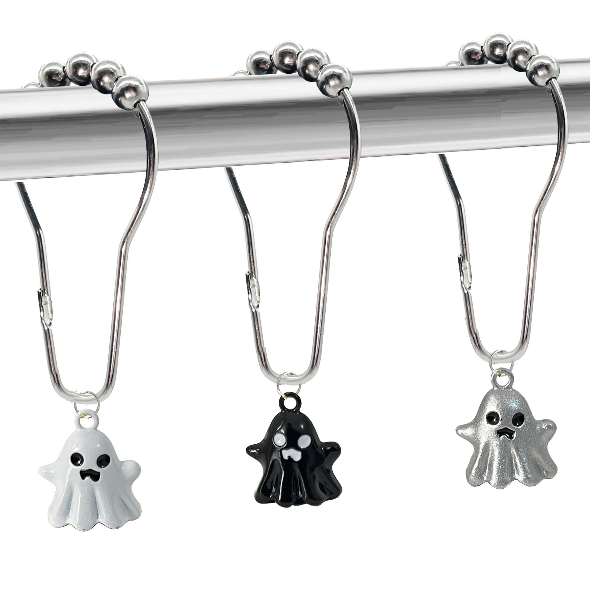 Halloween Shower Curtain Hooks, Funny Black White Ghost Shower Curtain Hooks Ring Cute Halloween Ghost Bathroom Decor