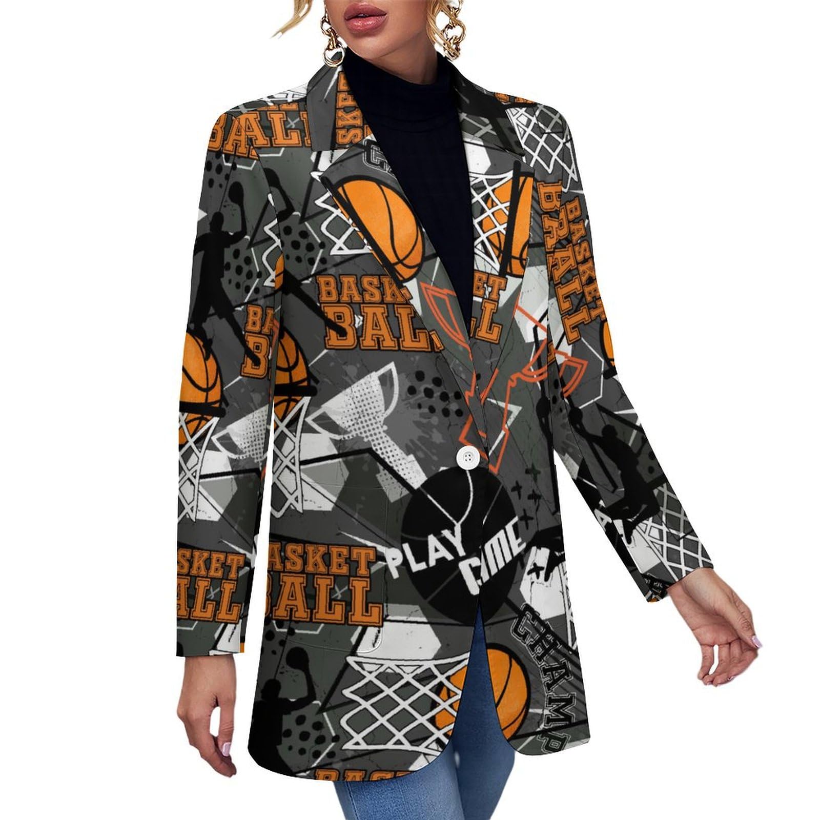 Basketball Ball Sport Womens Casual Printed Blazer Cardigan Long Sleeve Jacket Blazer