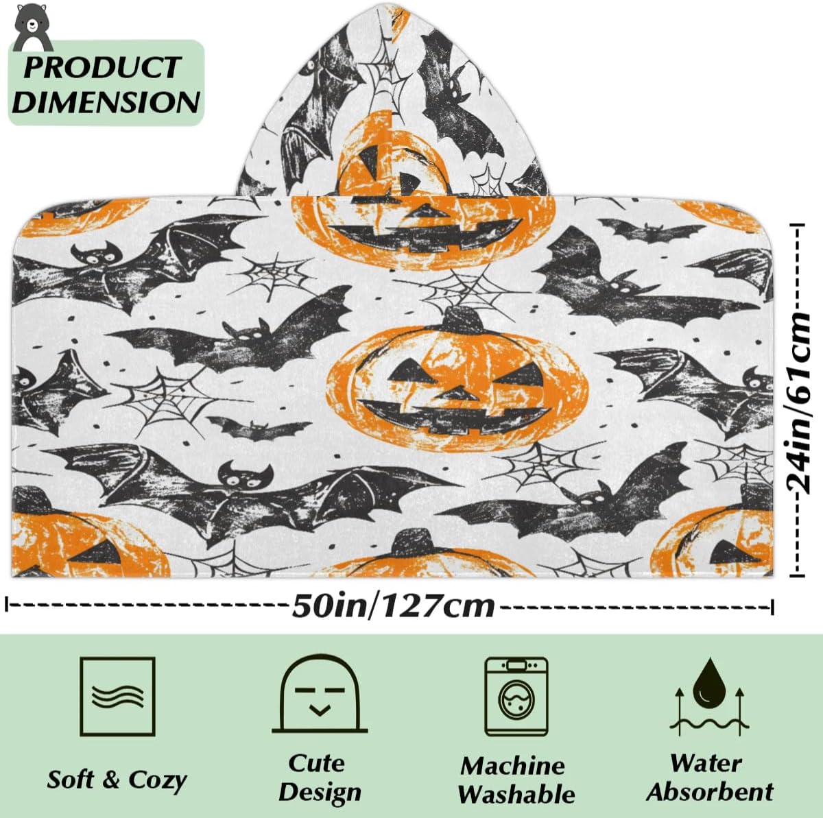 Pardick Bat Spider Web Pumpkin Kids Bath Towel Beach Towel with Hood Pool Cover Up for Girls Boys Soft Absorbent Hooded Bath Towel Toddler Towels for Beach, Pool