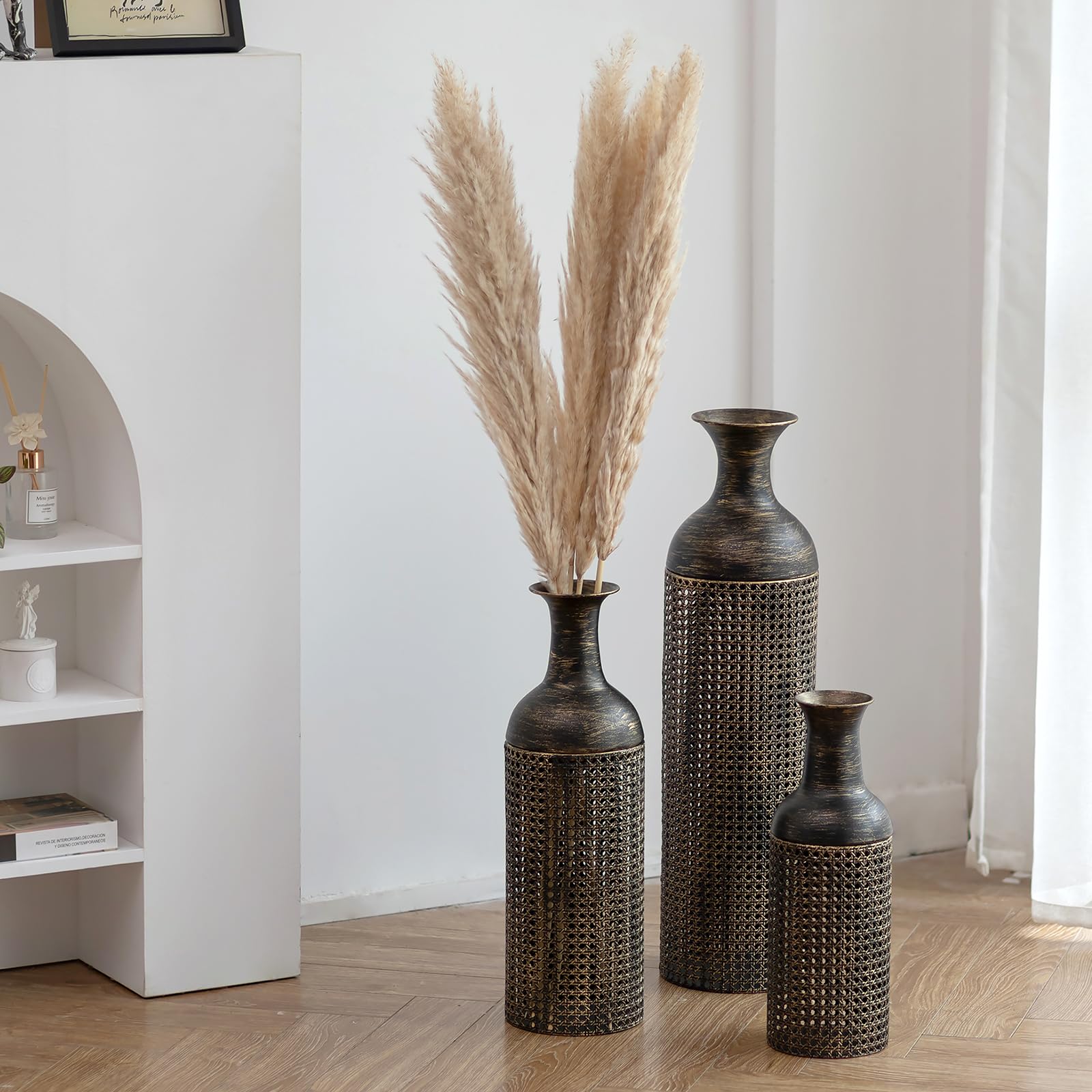 Sziqiqi Tall Black Floor Vase: Large Floor Vase for Living Room 68/51/41 cm - Set of 3 Metal Tall Floor Vase - Modern Honeycomb Textured Vases for Bedroom Kitchen