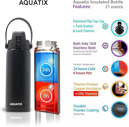Miniatura 2 de Aquatix (negro, 21 onzas) - Botella de agua deportiva de doble pared aislada al vacío de acero inoxidable puro, práctica tapa abatible con asa de