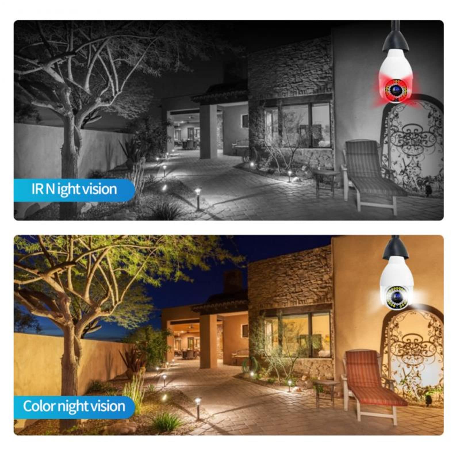 JJCC Cámara de seguridad con bombilla inteligente, 1080P WiFi PTZ cámara luz LED E27 bombilla Socket Power Color visión nocturna IP vigilancia auto seguimiento para uso en interiores y exteriores