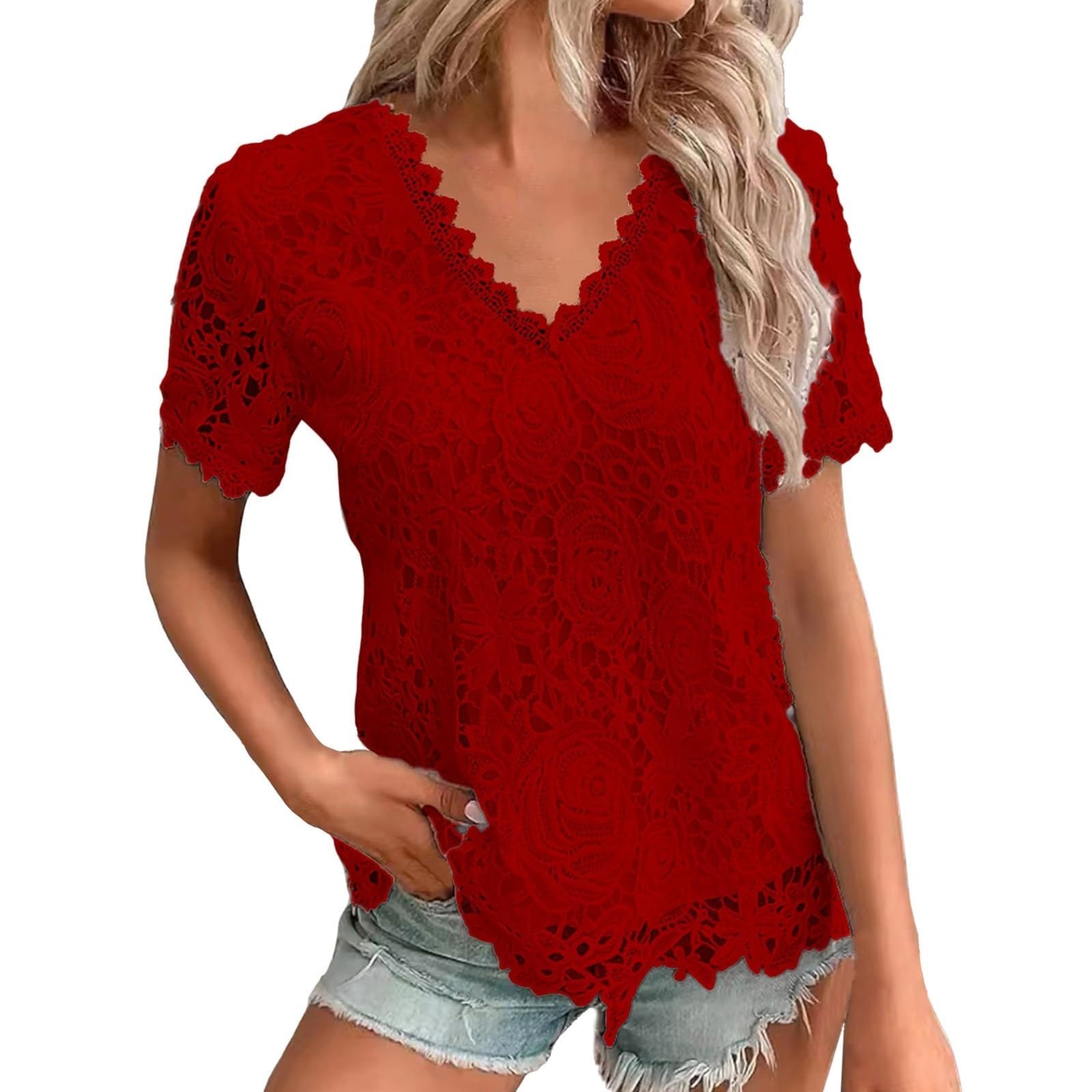 Top Estivi da Donna Camicie da Lavoro Eleganti a Maniche Corte con Ricami in Pizzo all'Uncinetto T-Shirt Eleganti(Red,XL)