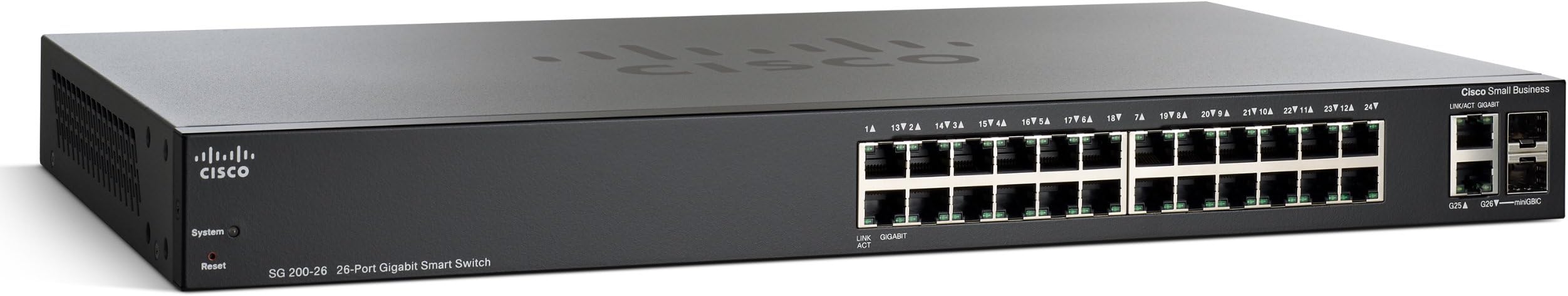 SG200-26 Gigabit Ethernet Smart Switch with 24 10/100/1000 Ports and 2 Combo Mini-GBIC Ports (SLM2024T-NA)