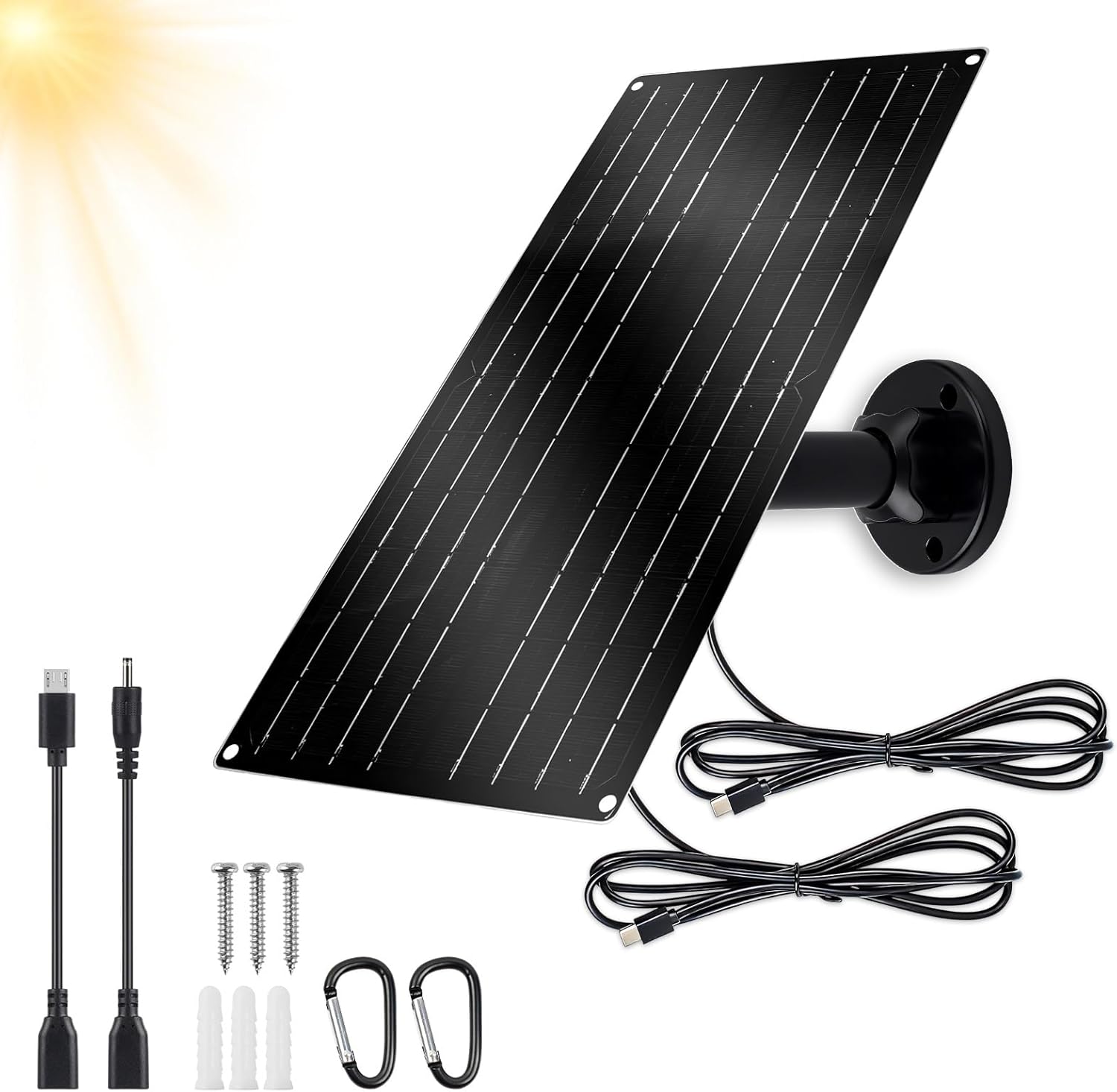 12W Dual USB-C Solar Panel for 2 Security Cameras, 5V Outdoor Solar Charger with Micro-USB/Barrel Port, 4-Core Cable & No Reverse Current for Home, Farm, Shed, Gate, Off-Grid Monitoring
