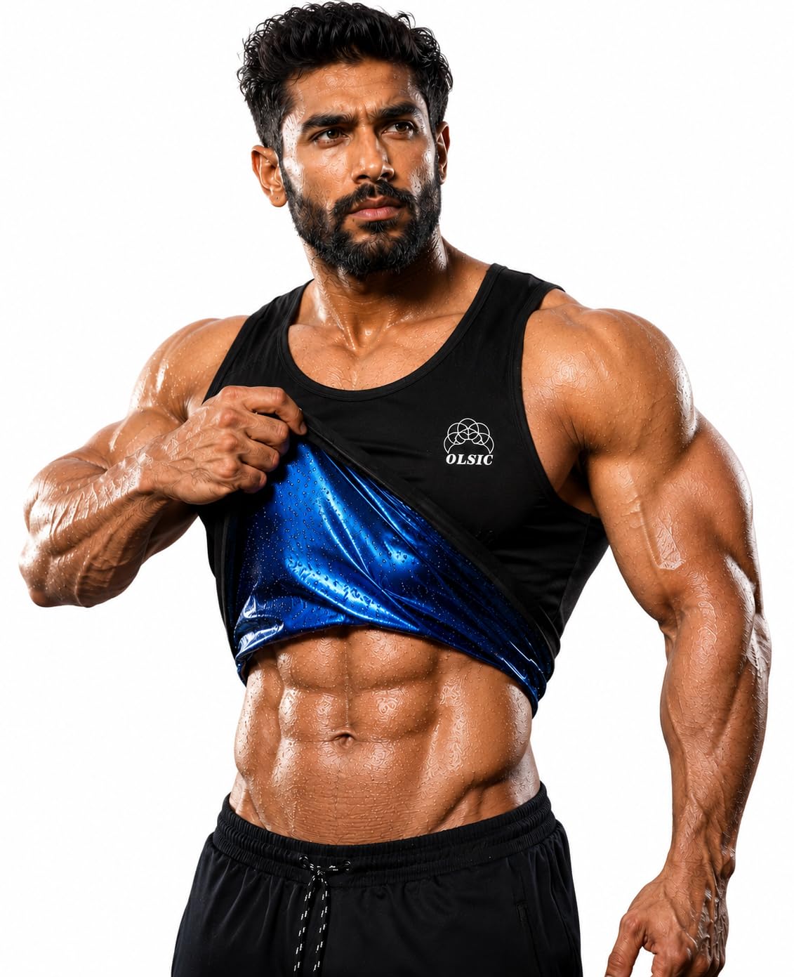 OLSIC Men's Sauna Sweat Vest Tank Top, Black and Blue | Sweat Enhancement, Inner Thermal Lining, Workout Slimming, Gym Training, Body Shaper-image-18