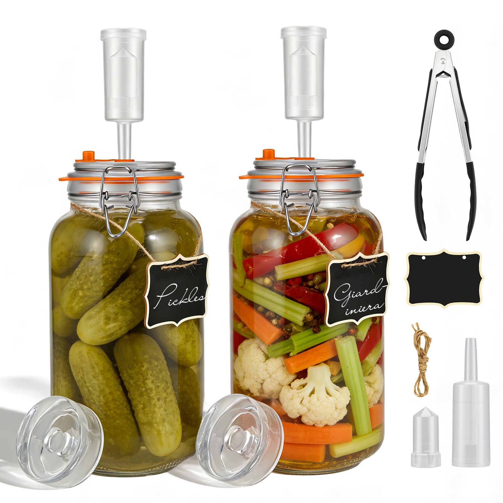 Normodic 2L Fermentation Jars with Airlocks, 2 Pack Fermenting Jars Kit with Weights for Kimchi, Sauerkraut, Kombucha and Pickles, Glass Kefir Storage Containers with Lids