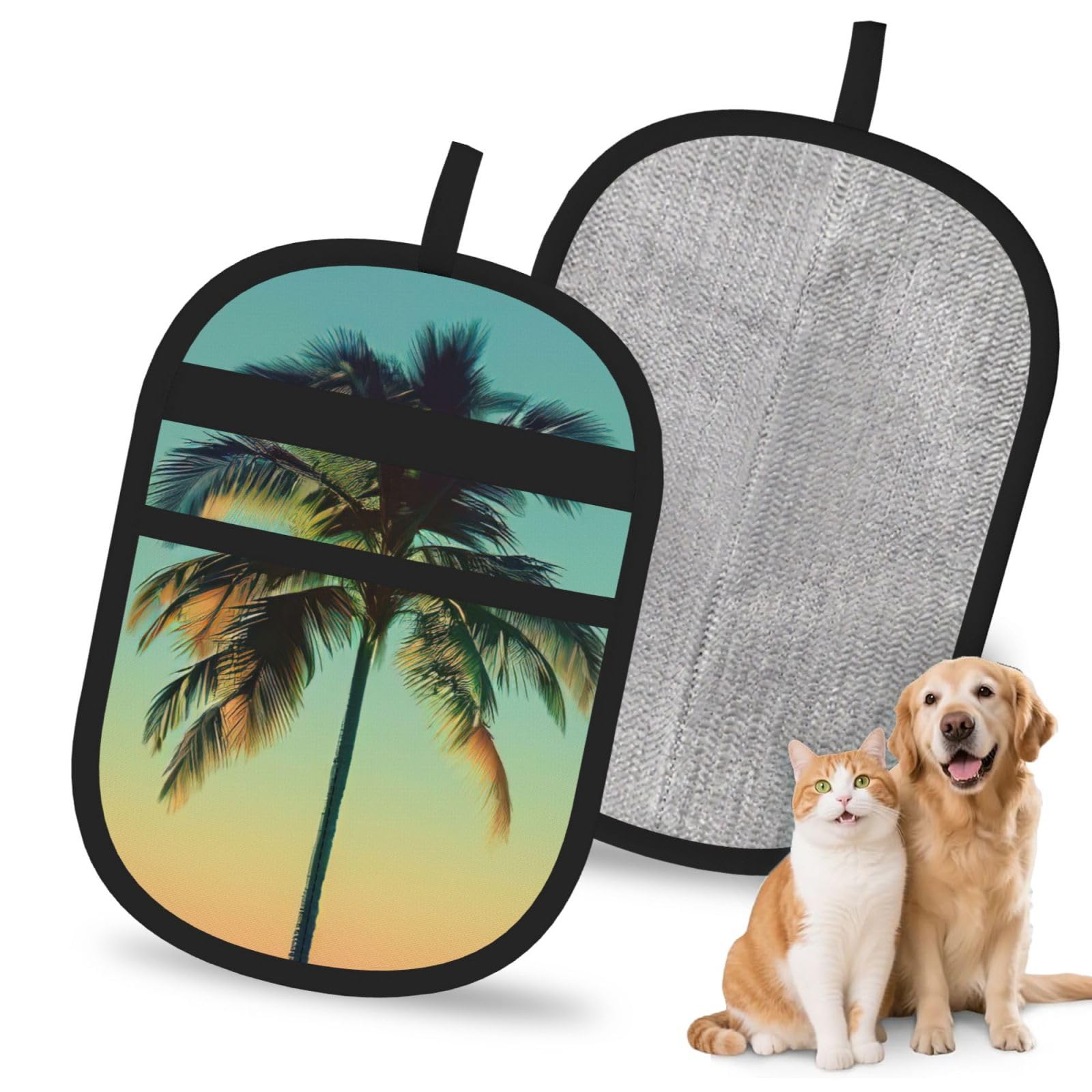 Palm Tree Print Pet Hair Remover Gloves Grooming Cleaning Accessory Reusable Deshedding Tool